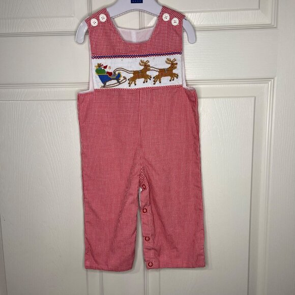 Mom & Me Smocked Christmas Longalls Overalls Baby Boy Size 3M Santa Reindeer - Picture 13 of 14